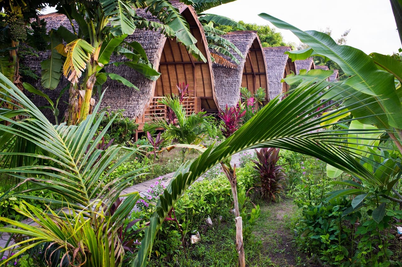 Thatched huts in a tropical garden on Lombok