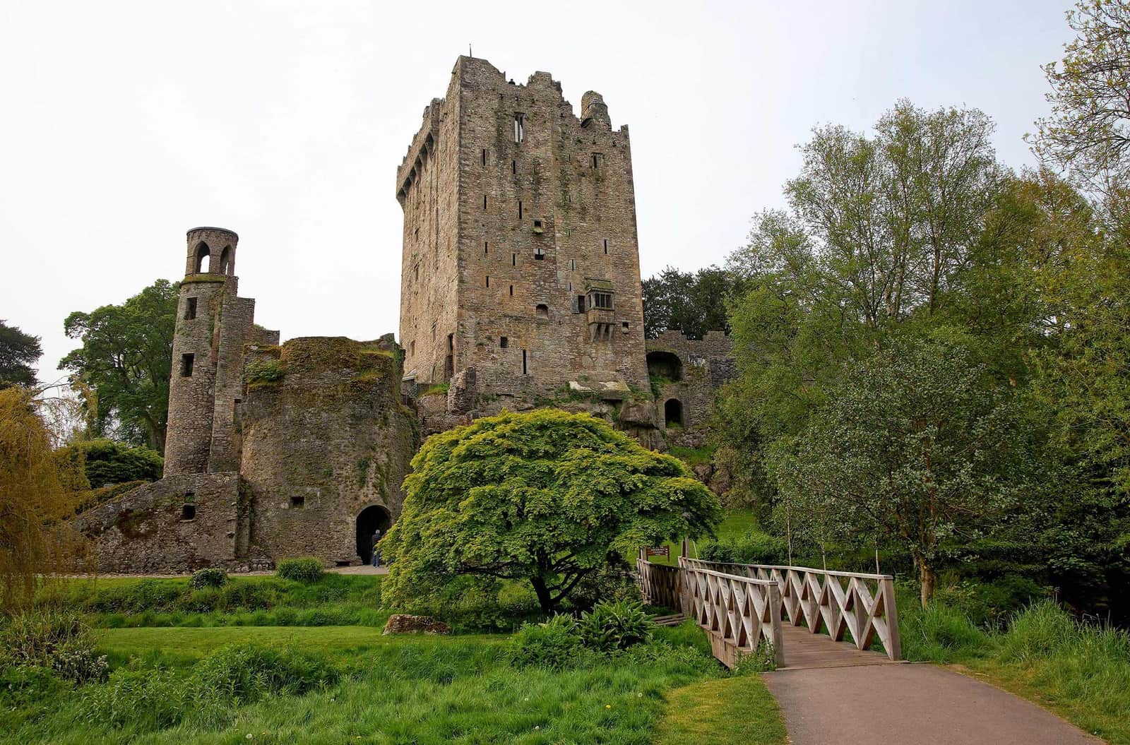 Blarney Castle tower with wooden bridge surrounded by greenery in Ireland