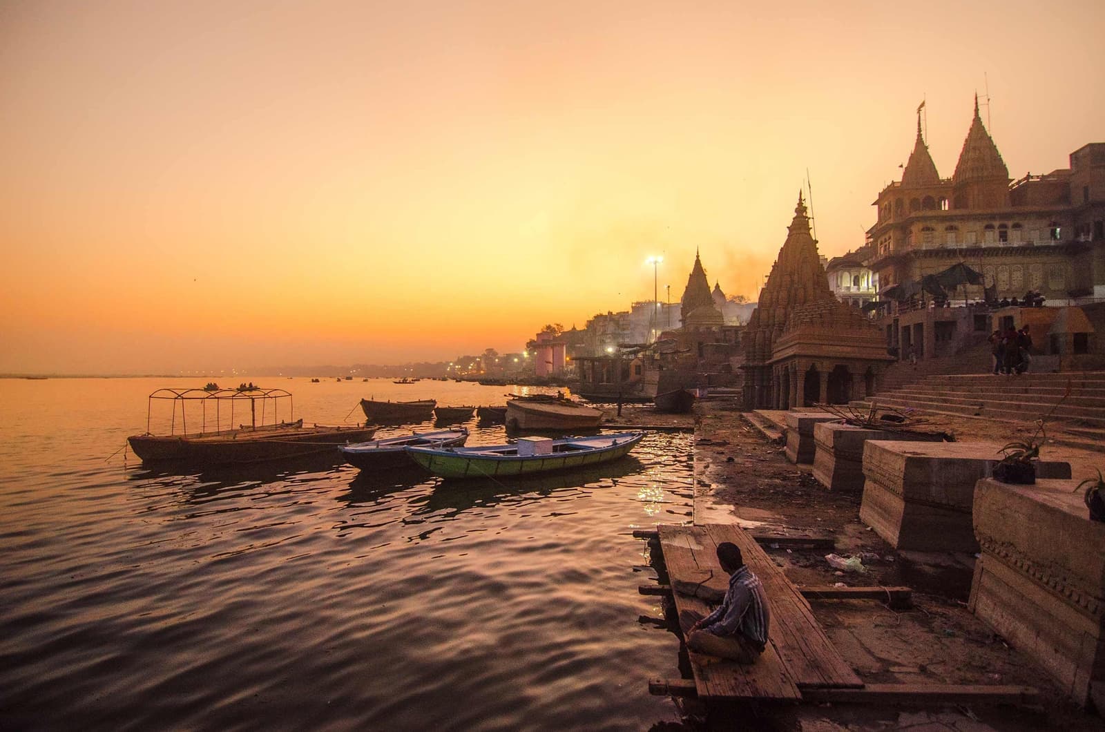 Evening view of Ganges River banks at sunset, Varanasi, India