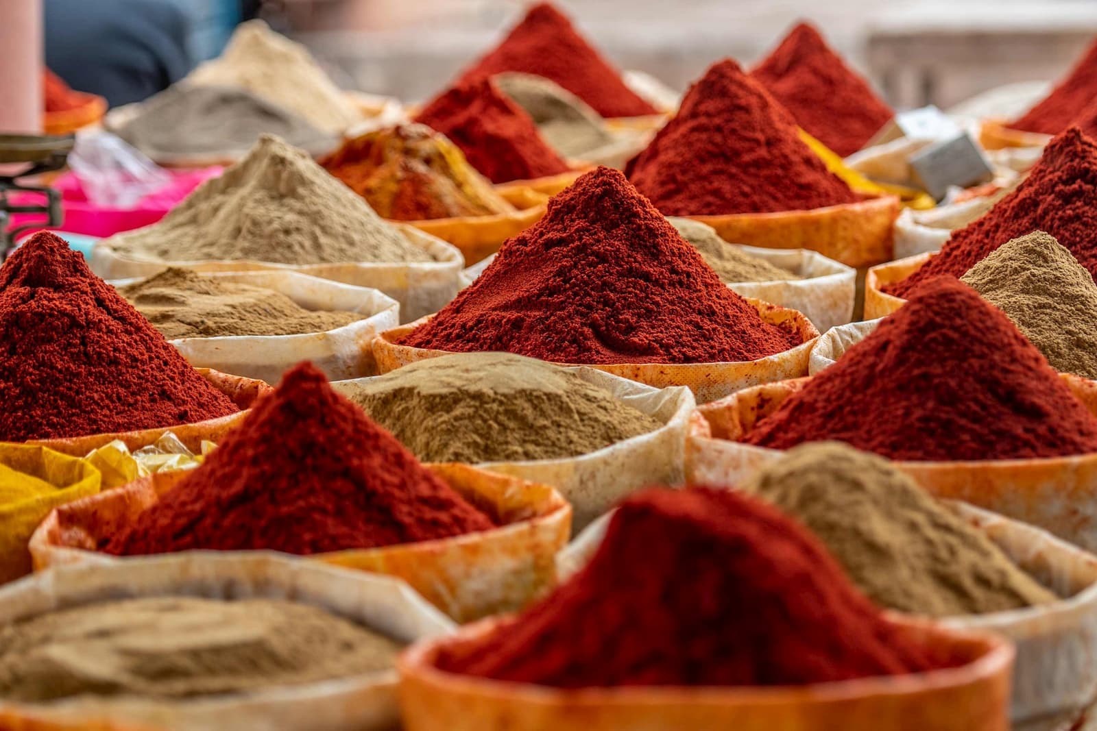 Bags of spices in a Moroccan bazaar