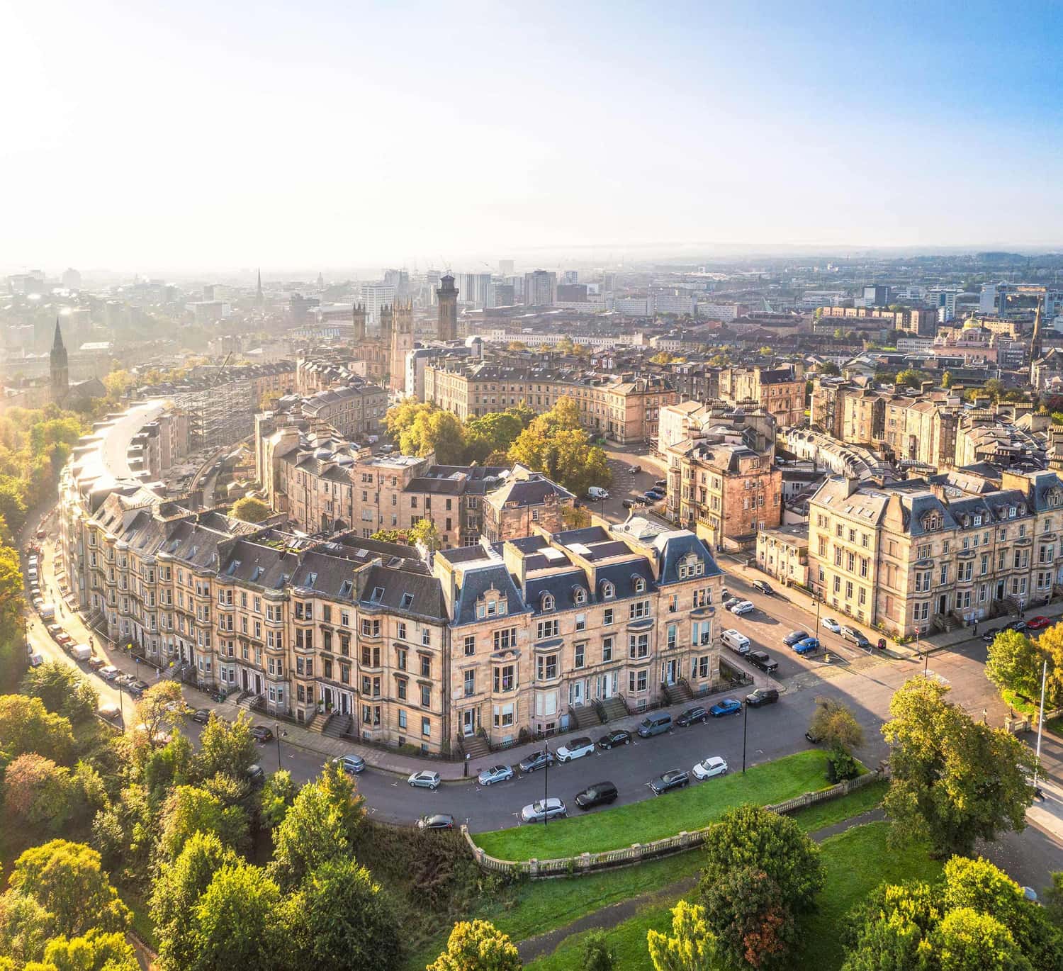 A scenic overhead view of the park district in Glasgow, Scotland
