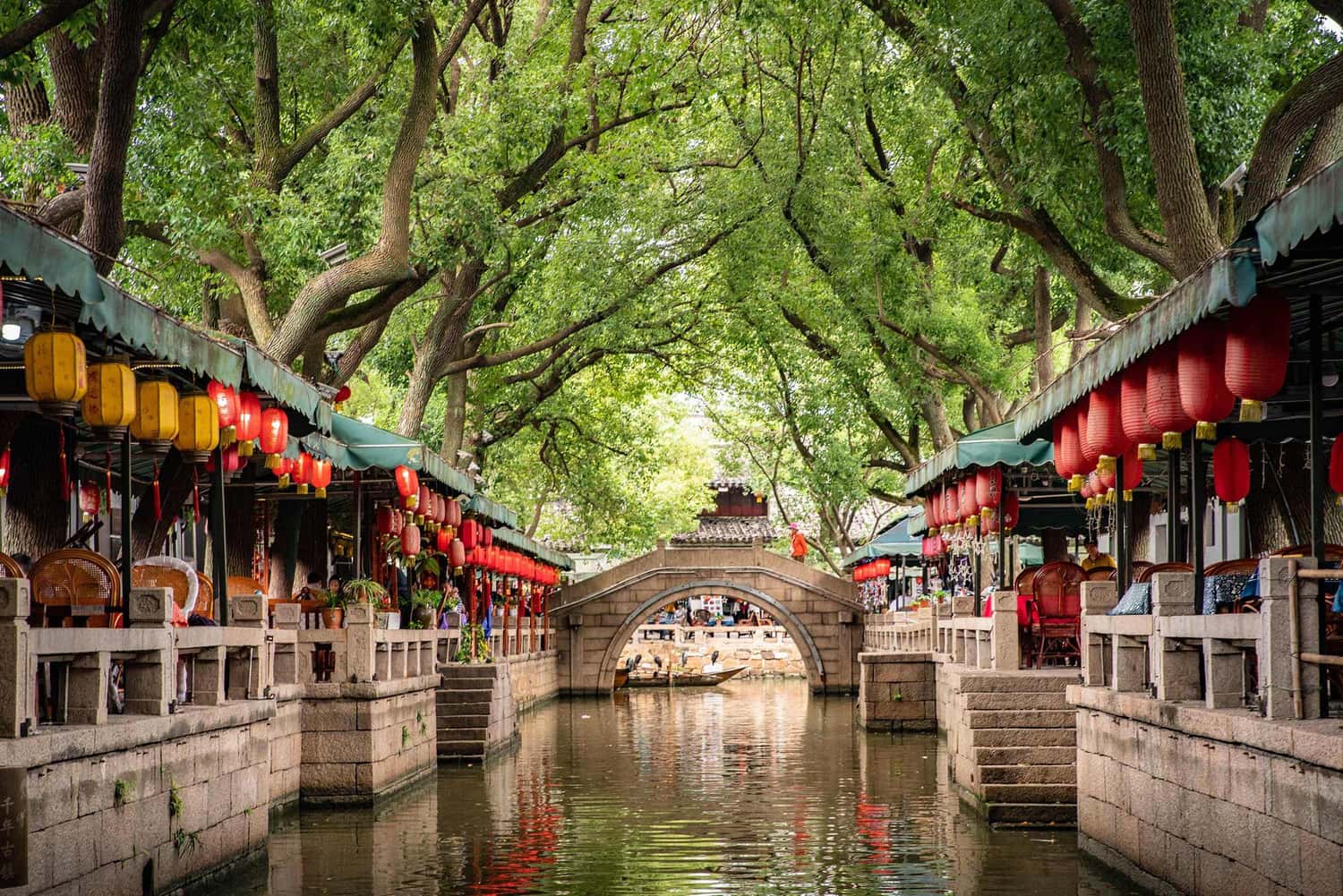 Waterway leading to bridge in Tongli Water Town, Zhujiajiao, China