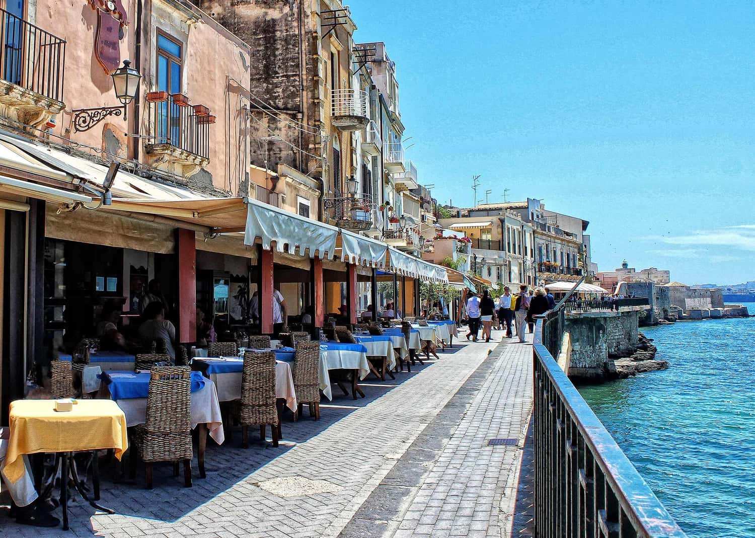 Cafes on the waterfront of Syracuse, Italy