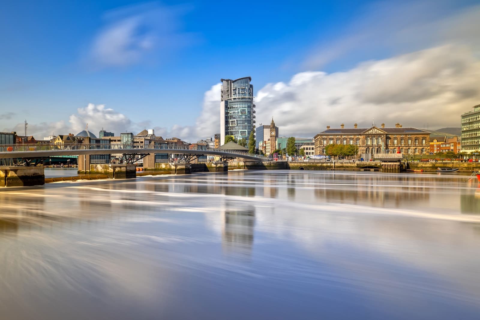 Belfast viewed across the Laggan Weir, Northern Ireland