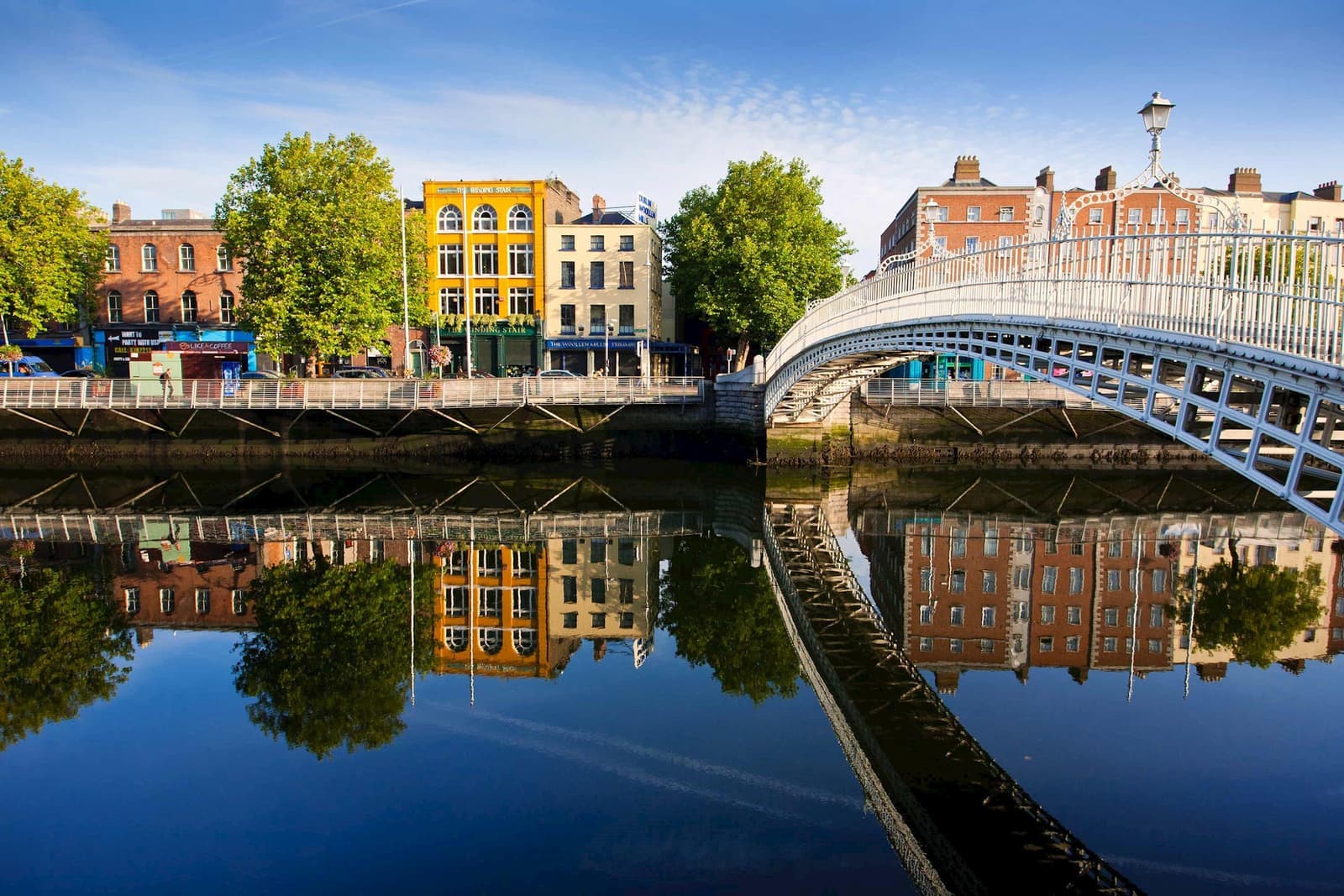 A side view of the Ha'penny Bridge in Dublin, Ireland