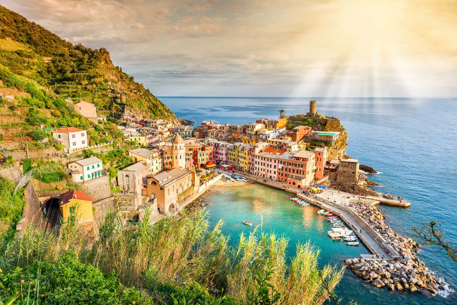 High Angle View Of Townscape By Sea Against Sky Cinque Terre