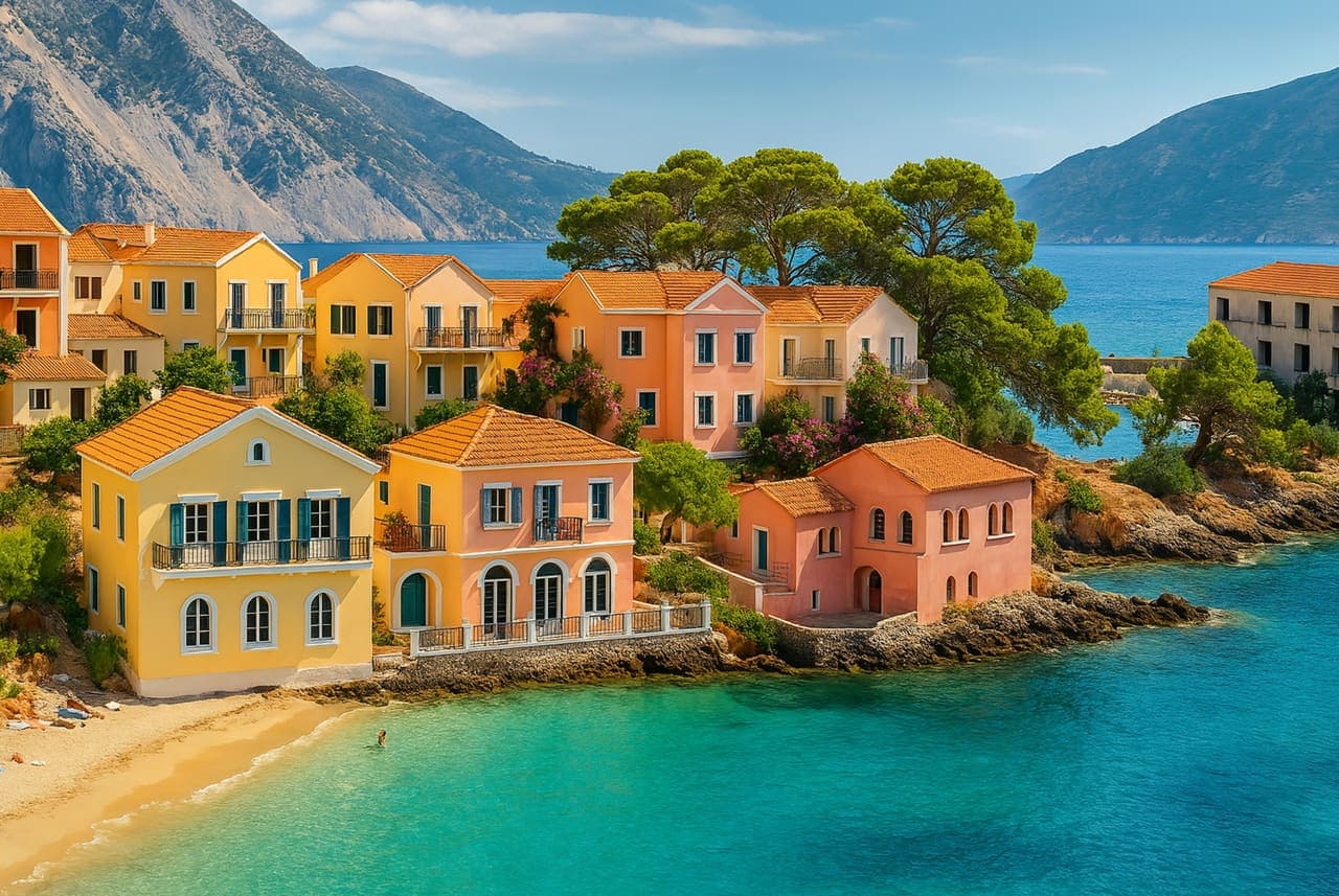 Colourful houses on the turquoise water at Assos, Cephalonia