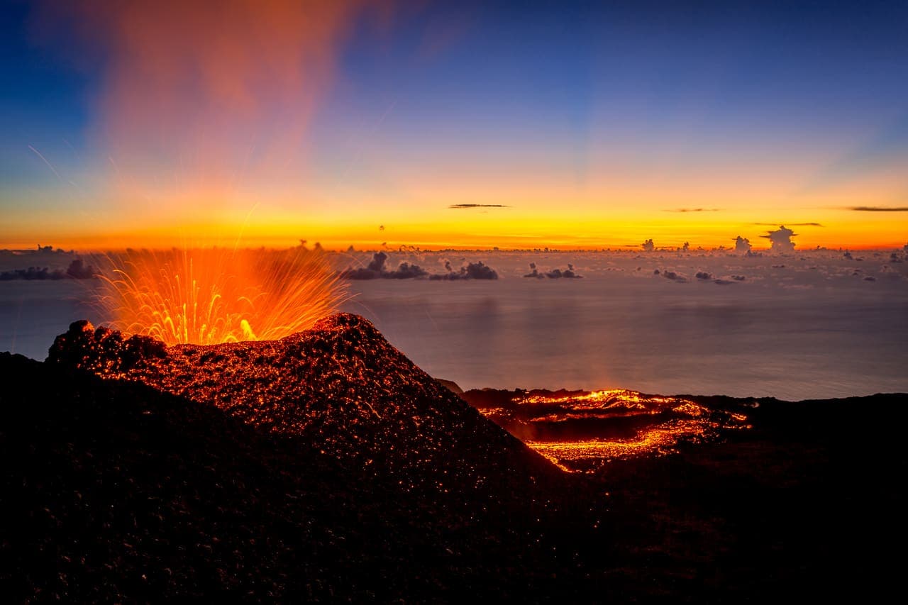 Piton de la Fournaise erupting at dusk on Reunion Island