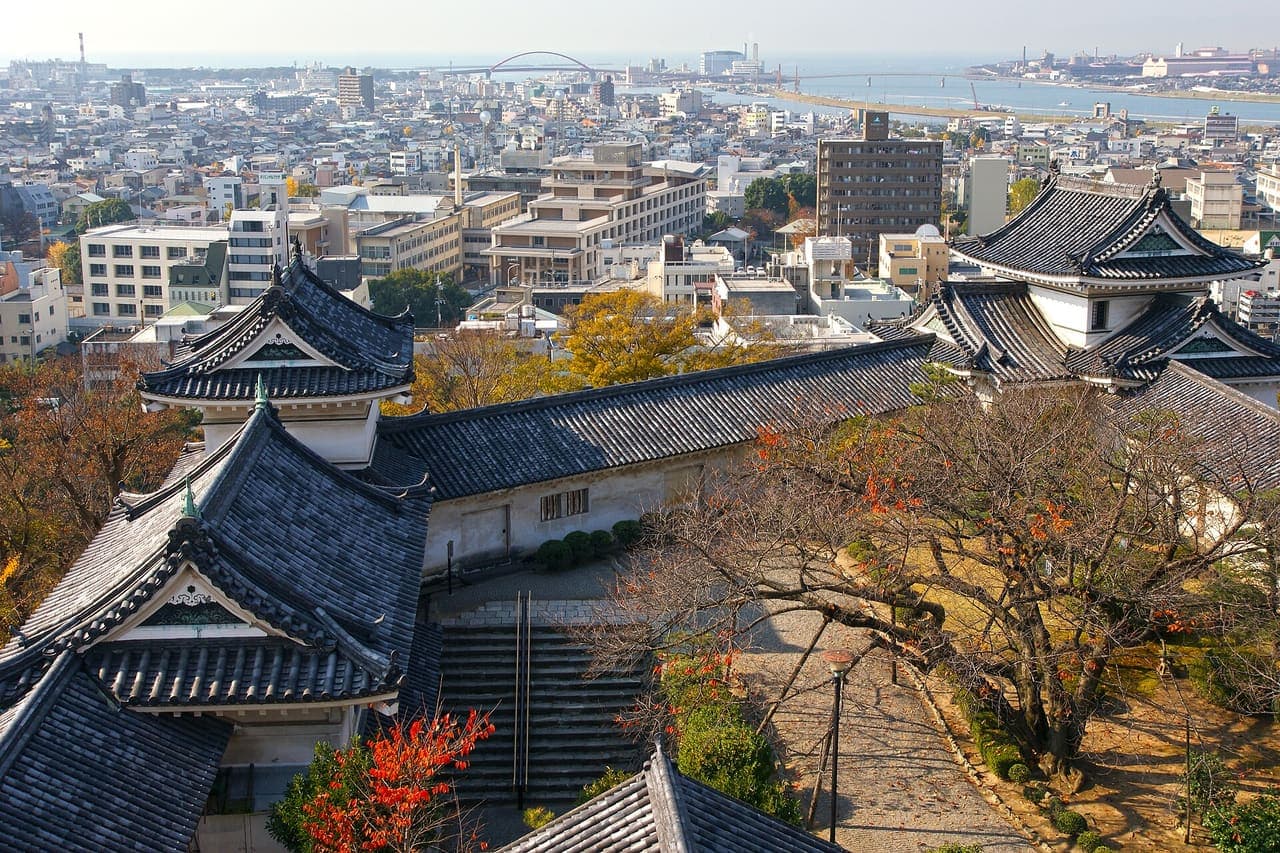 Wakayama Castle roofs above the city