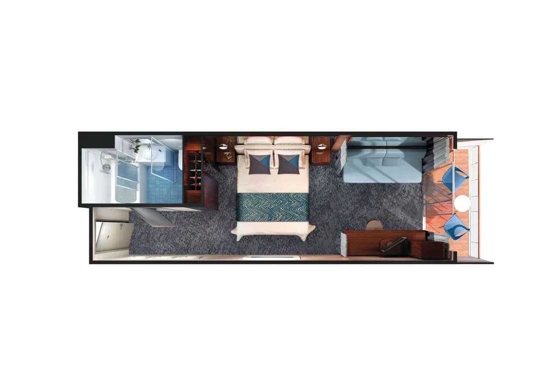 Aft-Facing Club Balcony Suite floor plan, Norwegian Gem