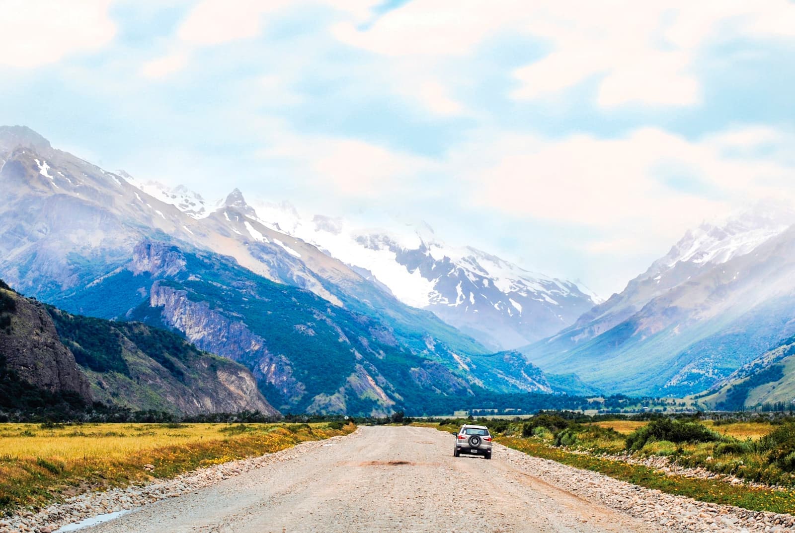 4WD driving towards to mountains in El Chaten, Argentina