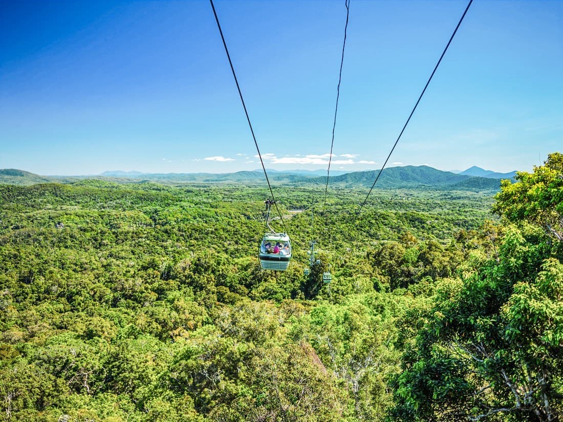 Cable cars above the rainforest canopy in Cairns, Australia