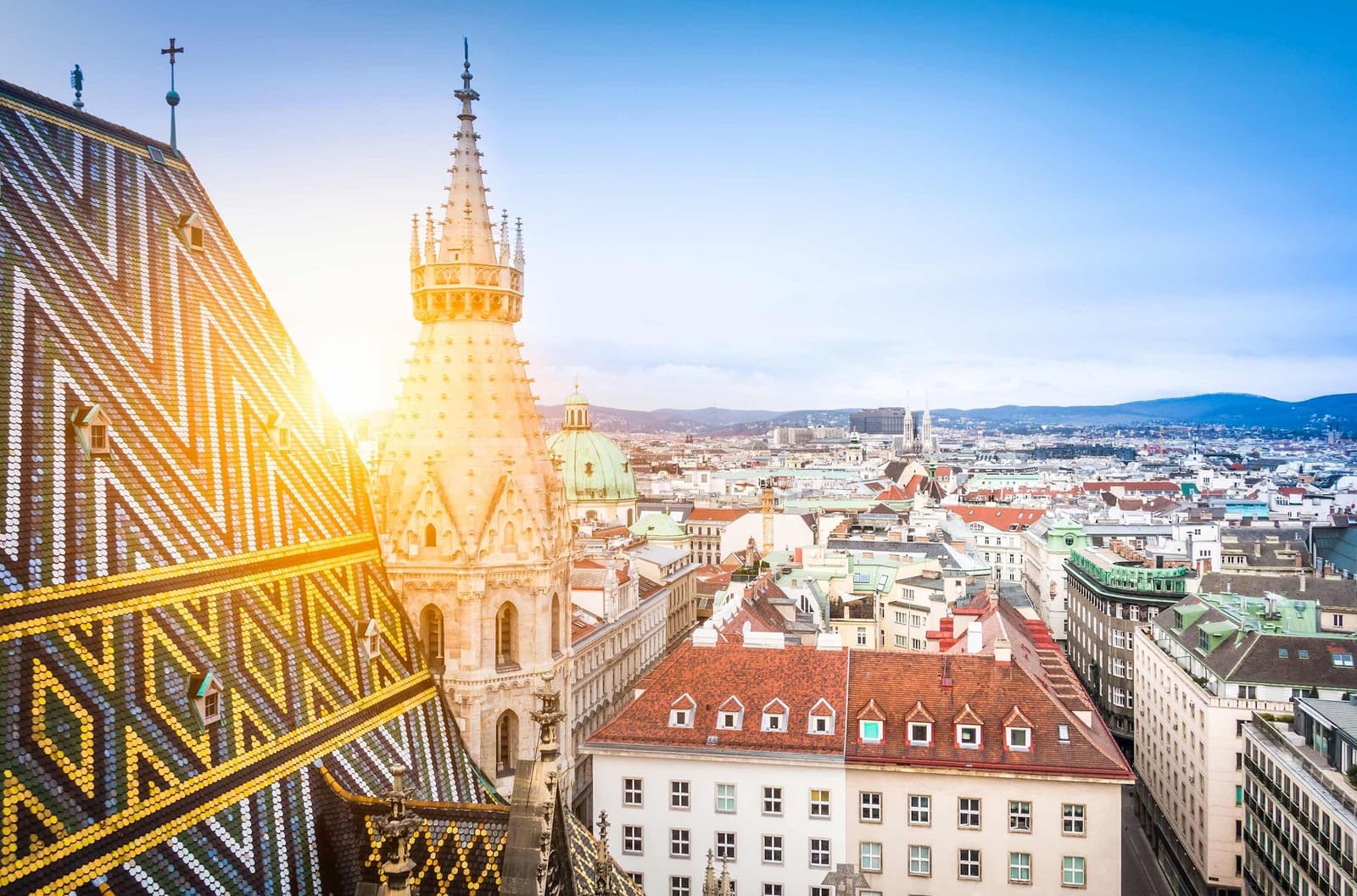 The sun peaking through St. Stephen's Cathedral in Vienna, Austria