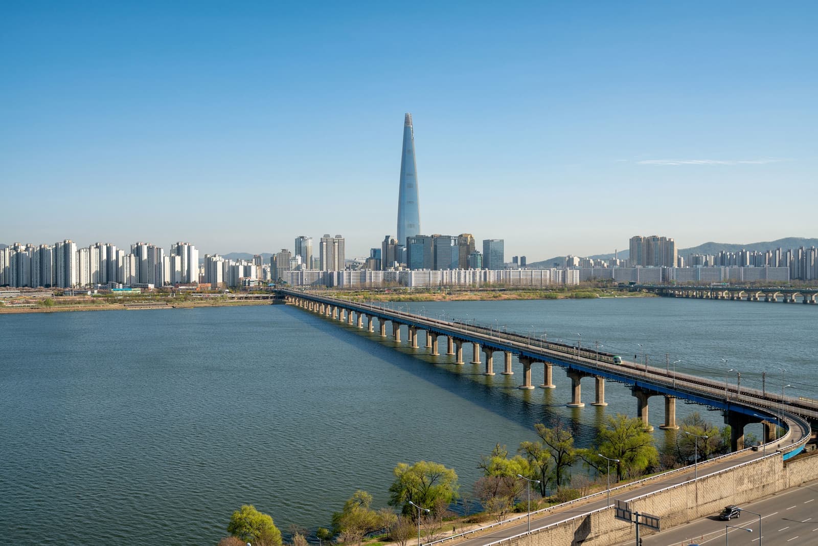 Aerial view of Seoul city at Han river bridge, Seoul, South Korea