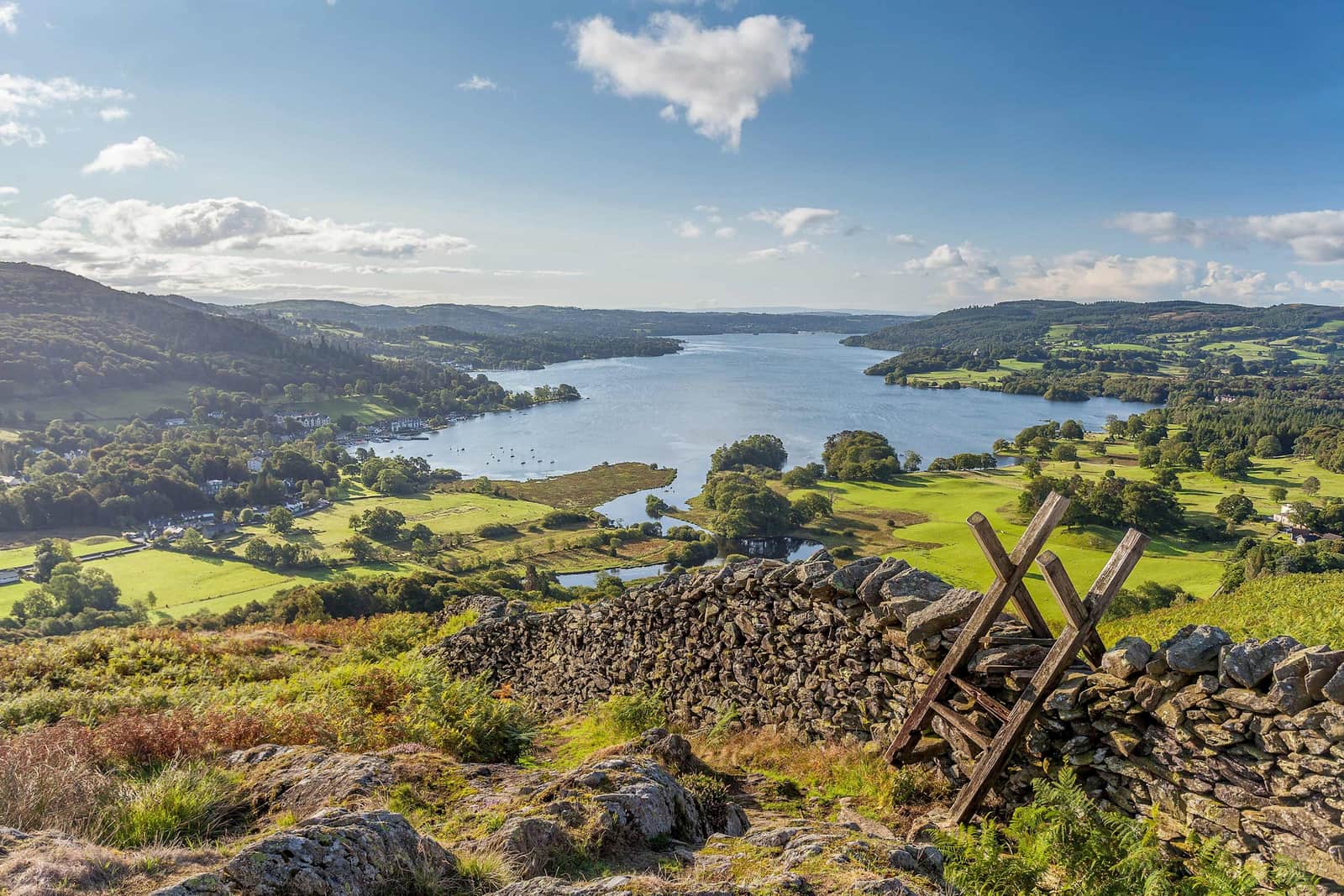 Panoramic view of a lake surrounded by green hills in Lake District, England