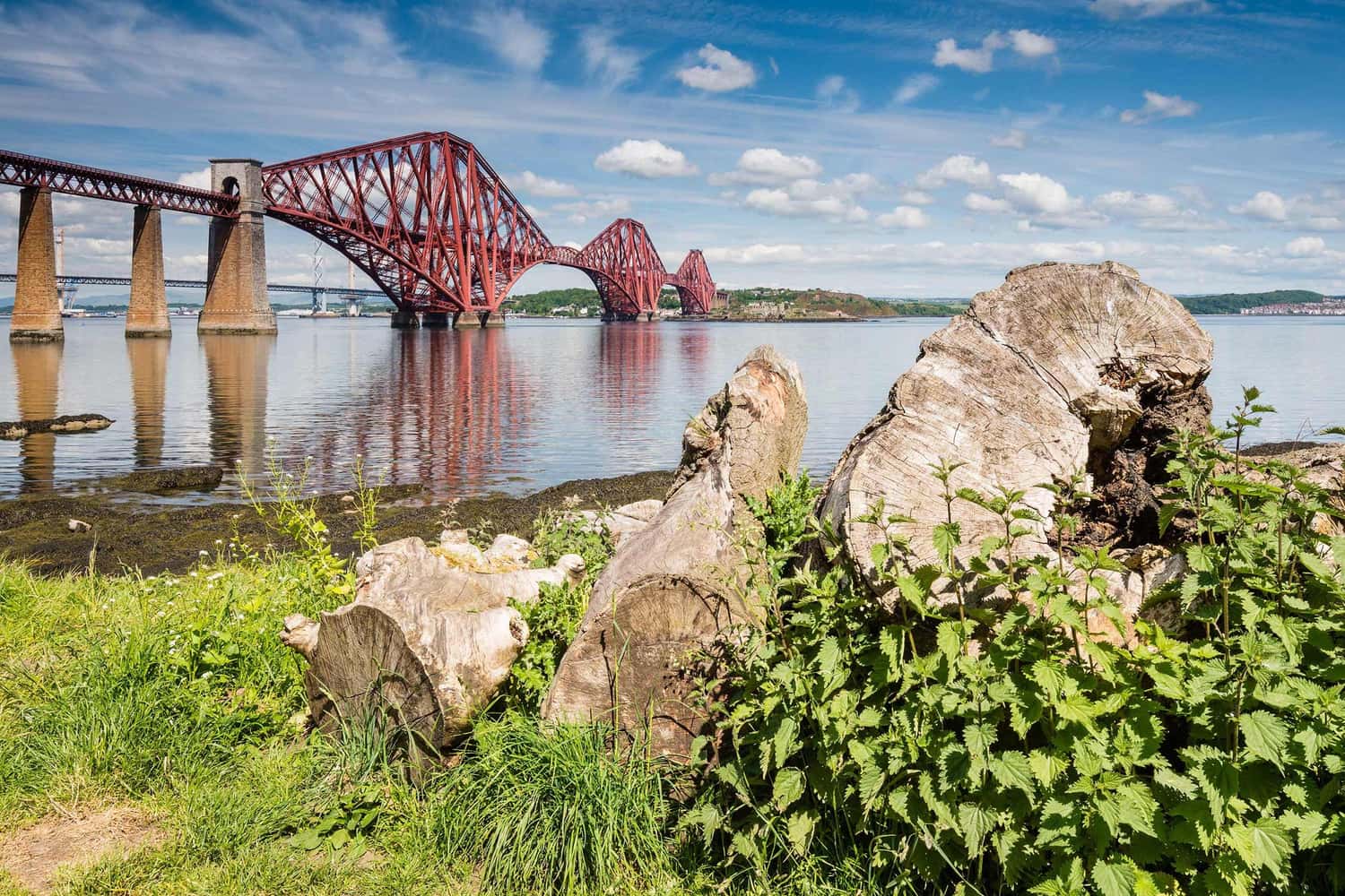 Forth Bridge spanning across River Forth with green shoreline