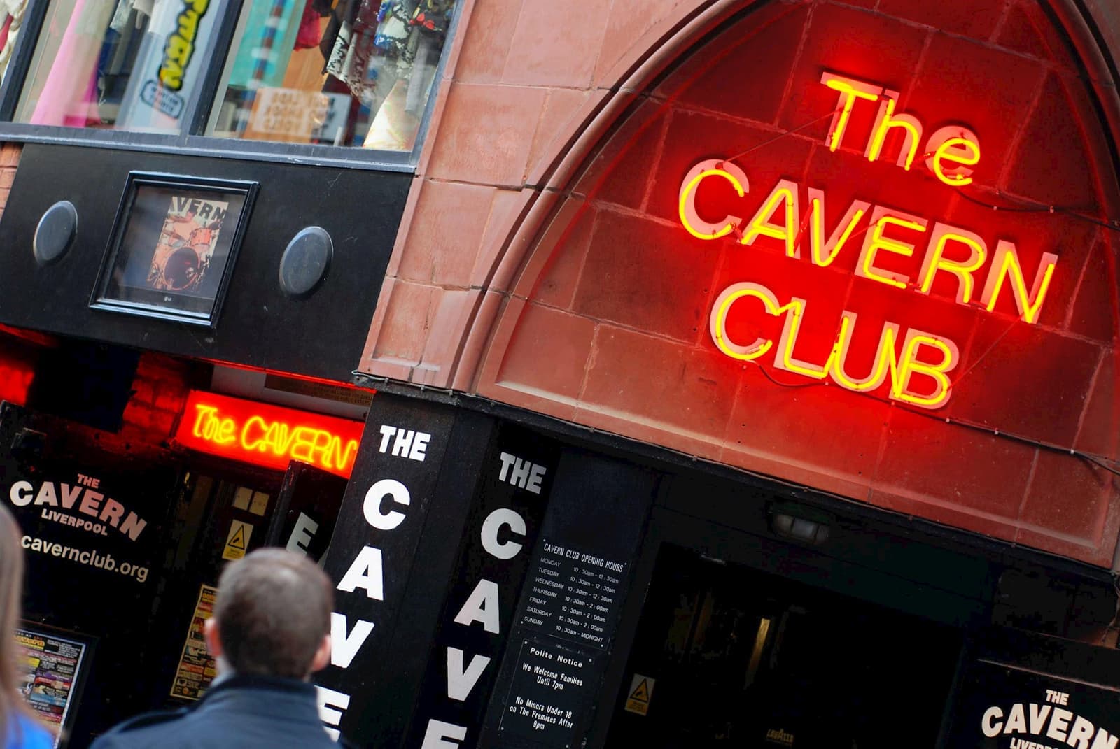 Entrance to The Cavern Club with neon sign in Liverpool, England