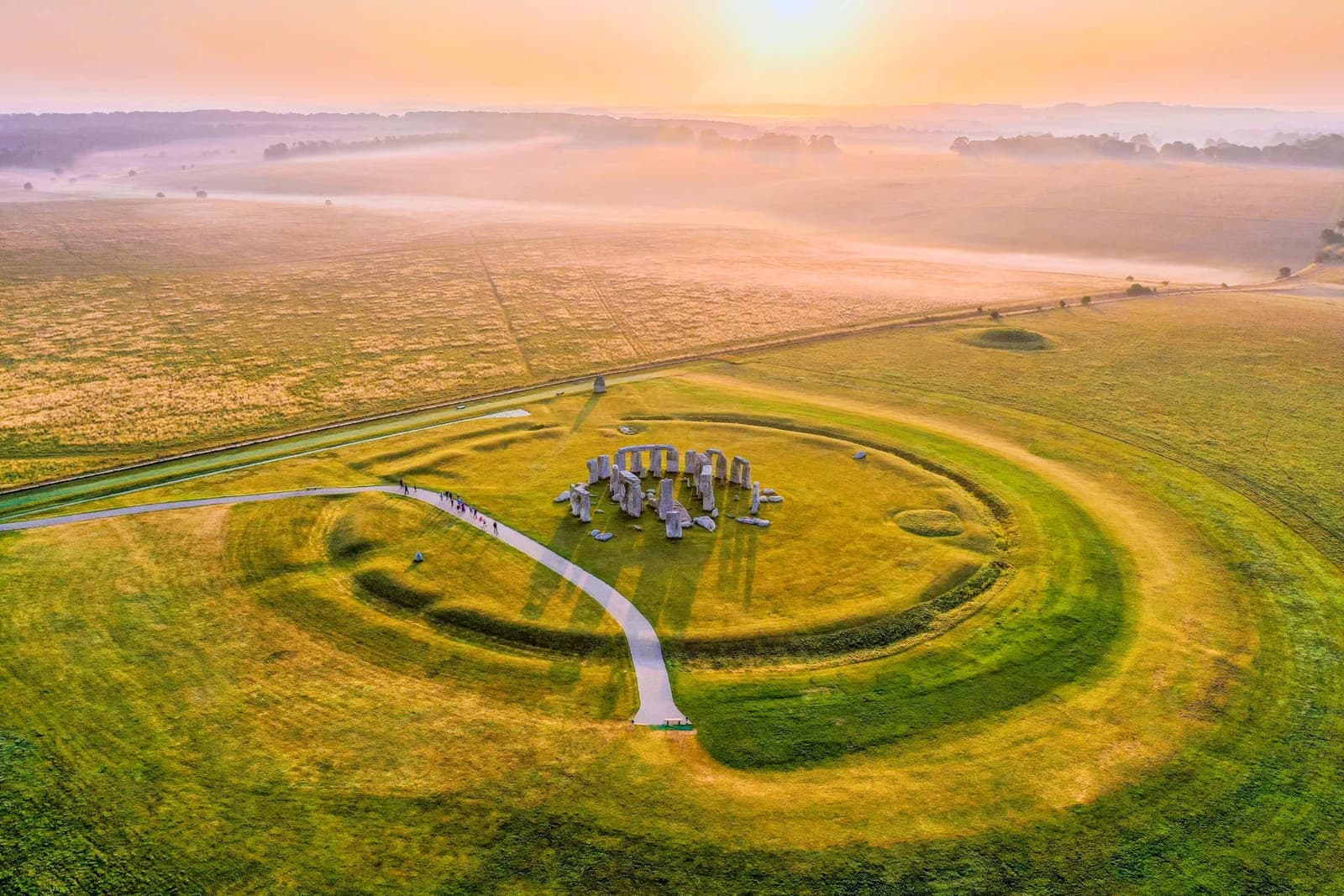 Aerial view of Stonehenge prehistoric stone circle monument in Wiltshire, England