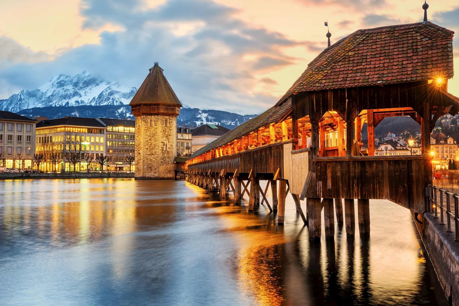 Chapel Bridge and Water Tower at sunset in Lucerne, Switzerland
