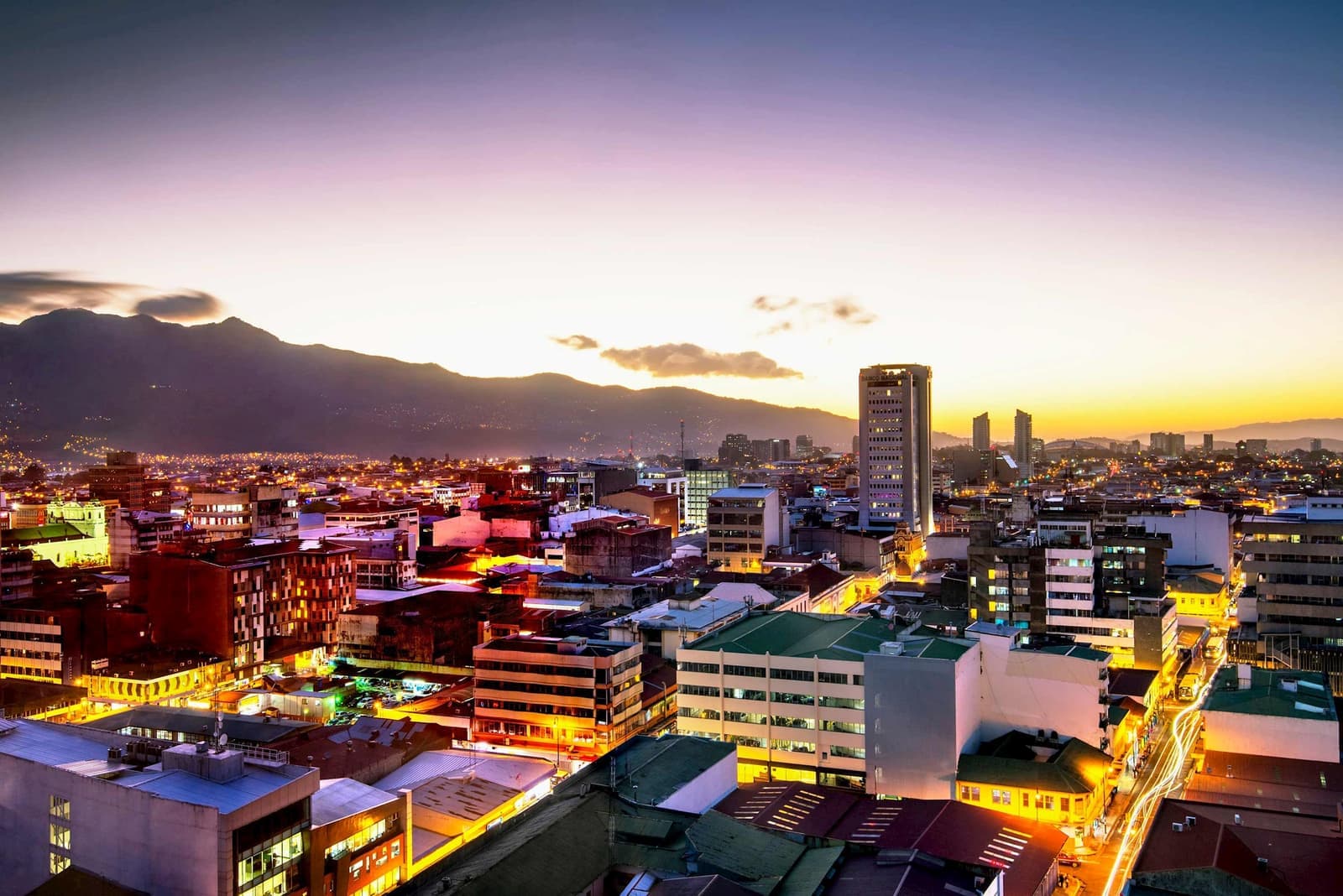 Landscape view of the city at night in San Jose, Costa Rica