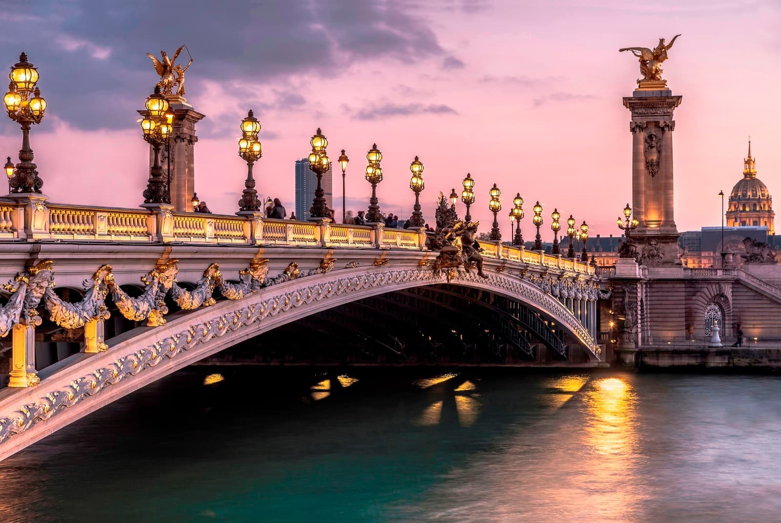Pont Alexandre III over the Seine River at sunset, Paris, France