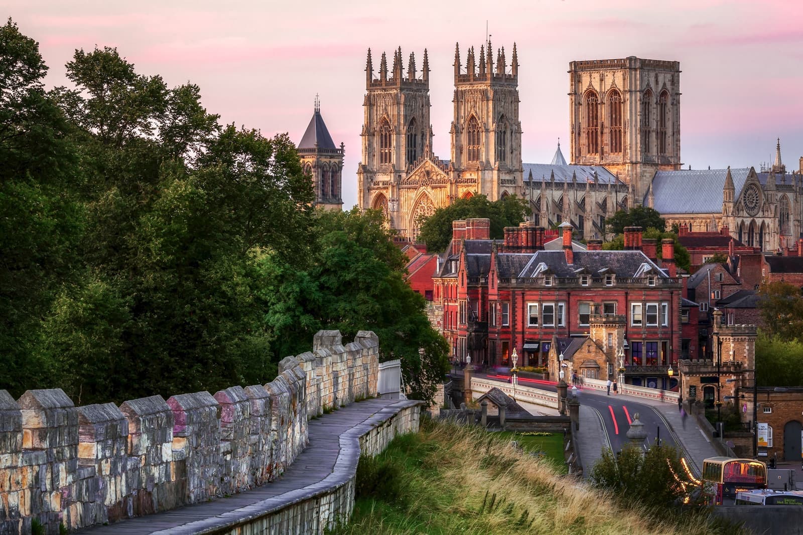 View of York City Wall and York Minster in York, England