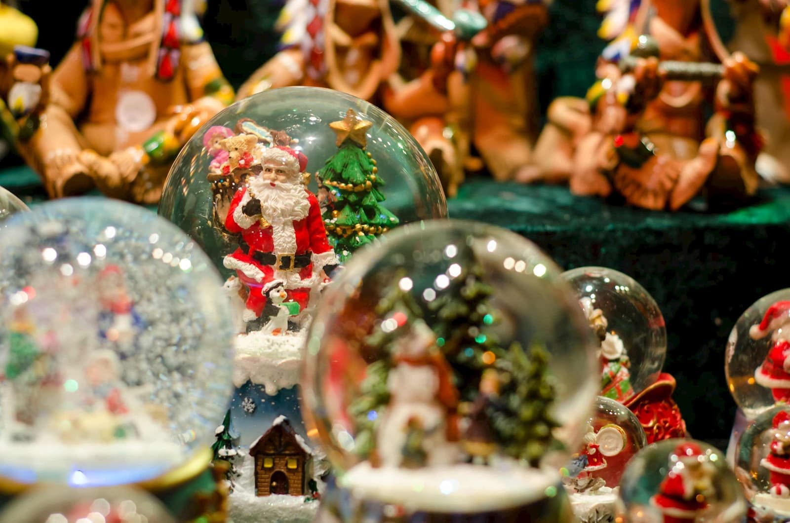 A close-up of Christmas Snow globes in Dresden, Germany