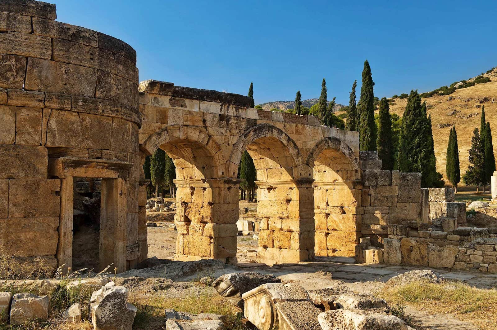 Stone arches of the ancient Frontinus Gate in Hierapolis, Turkey
