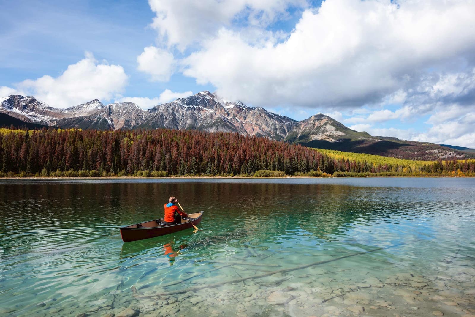 Man Canoeing on Lake in Jasper, Alberta, Canada