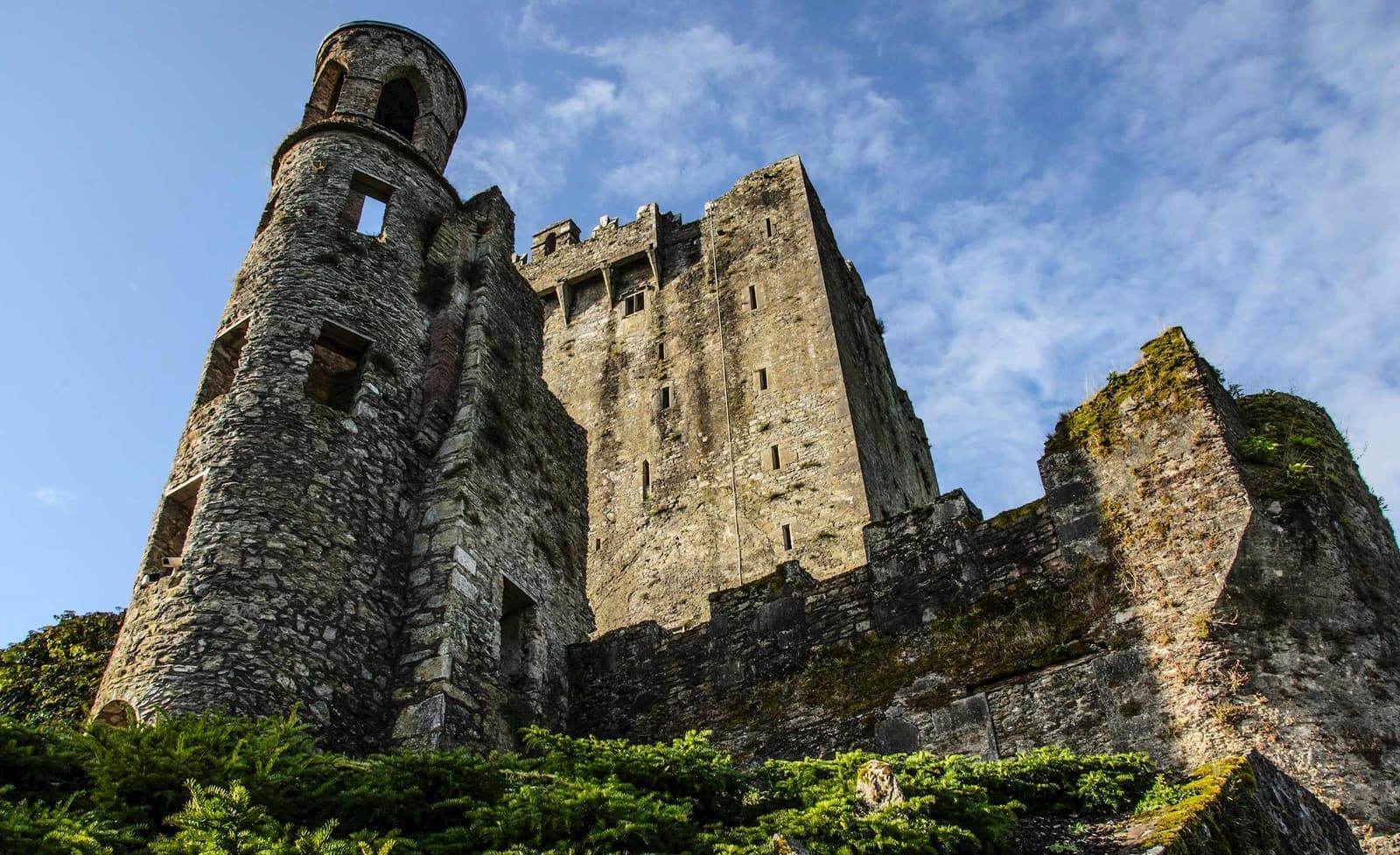 An upward view of Blarney Castle in Cork, Ireland