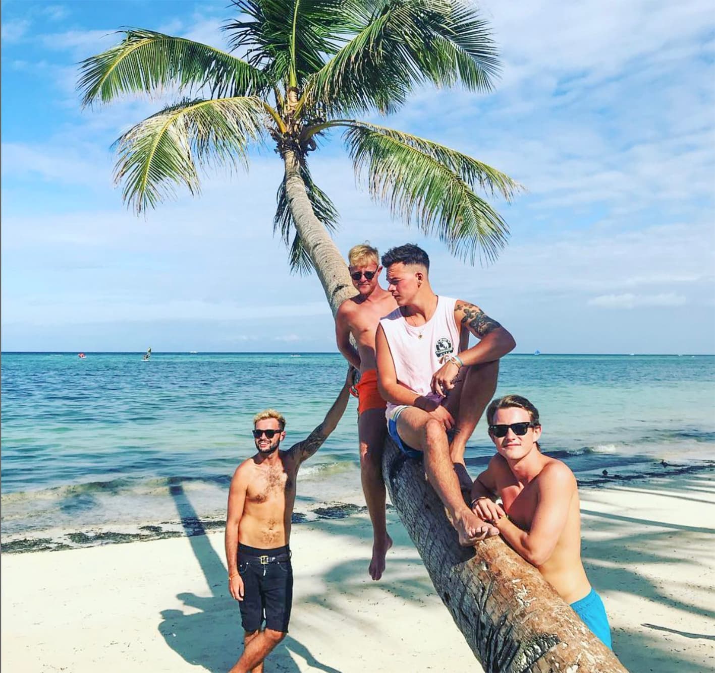 Travellers sitting on a palm tree in Boracay, Philippines