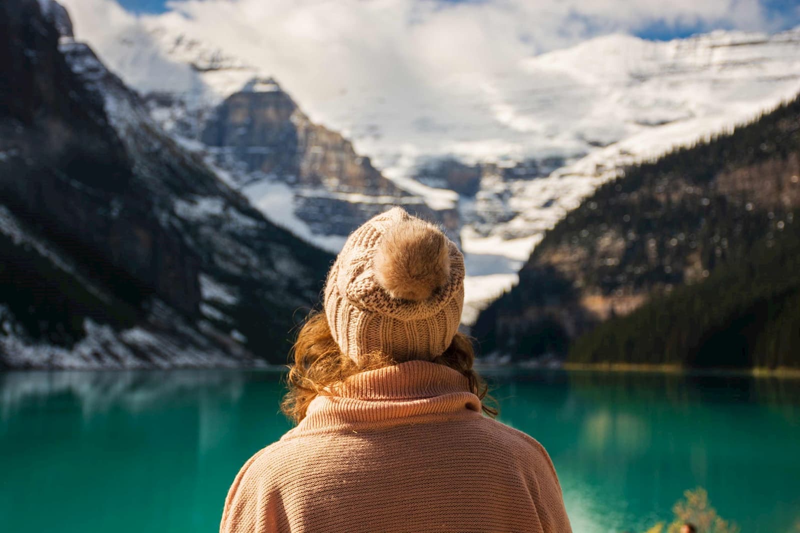 A person looking towards Lake Louise in Banff, Canada