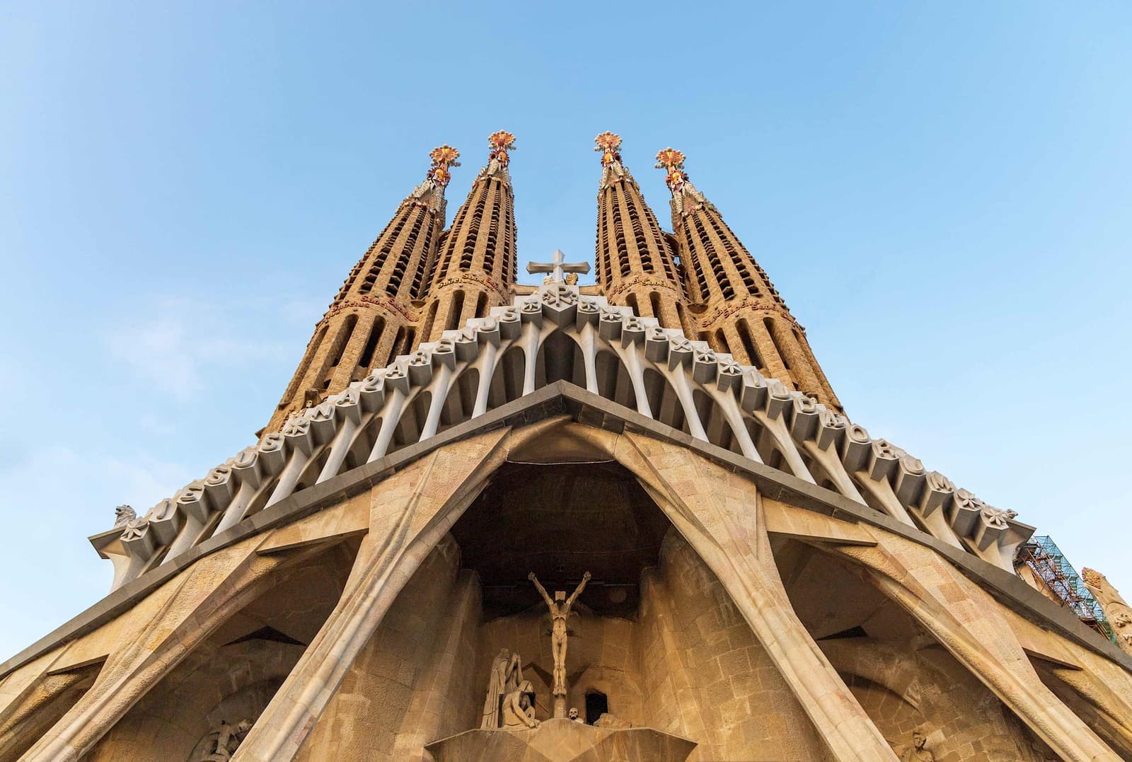 An upward view of the Sagrada Familia in Barcelona, Spain