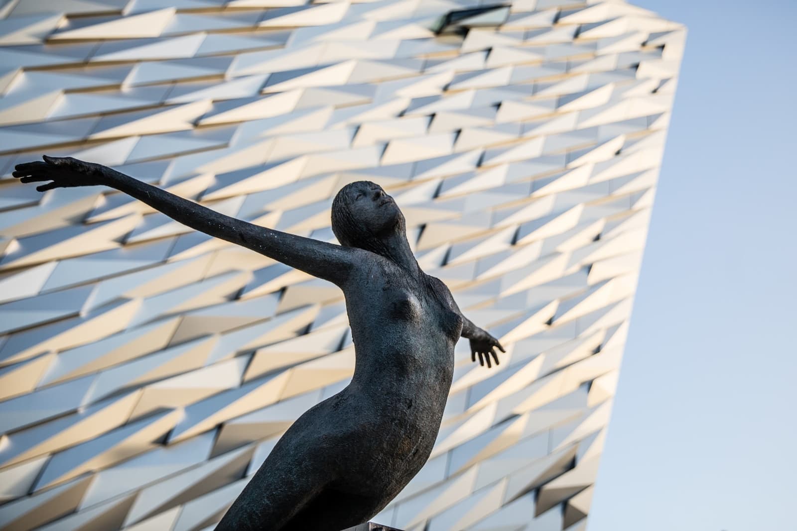 Sculpture statue in front on the Titanic Experience in Belfast, N.Ireland