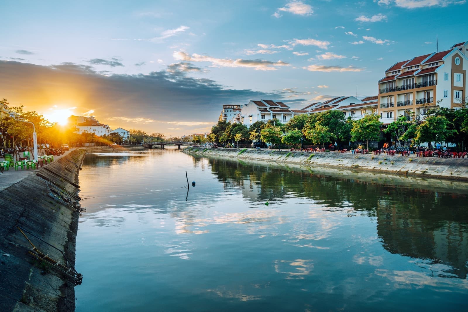 Sunset over a river in Hoi An, Vietnam