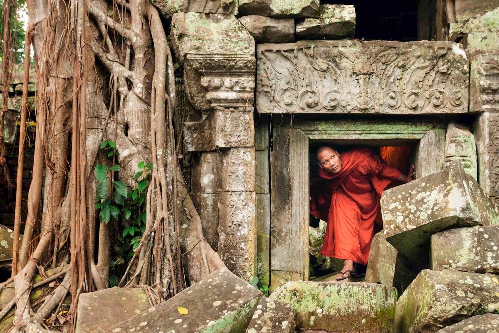 Monk navigating ancient Ta Prohm temple with encroaching roots, Siem Reap