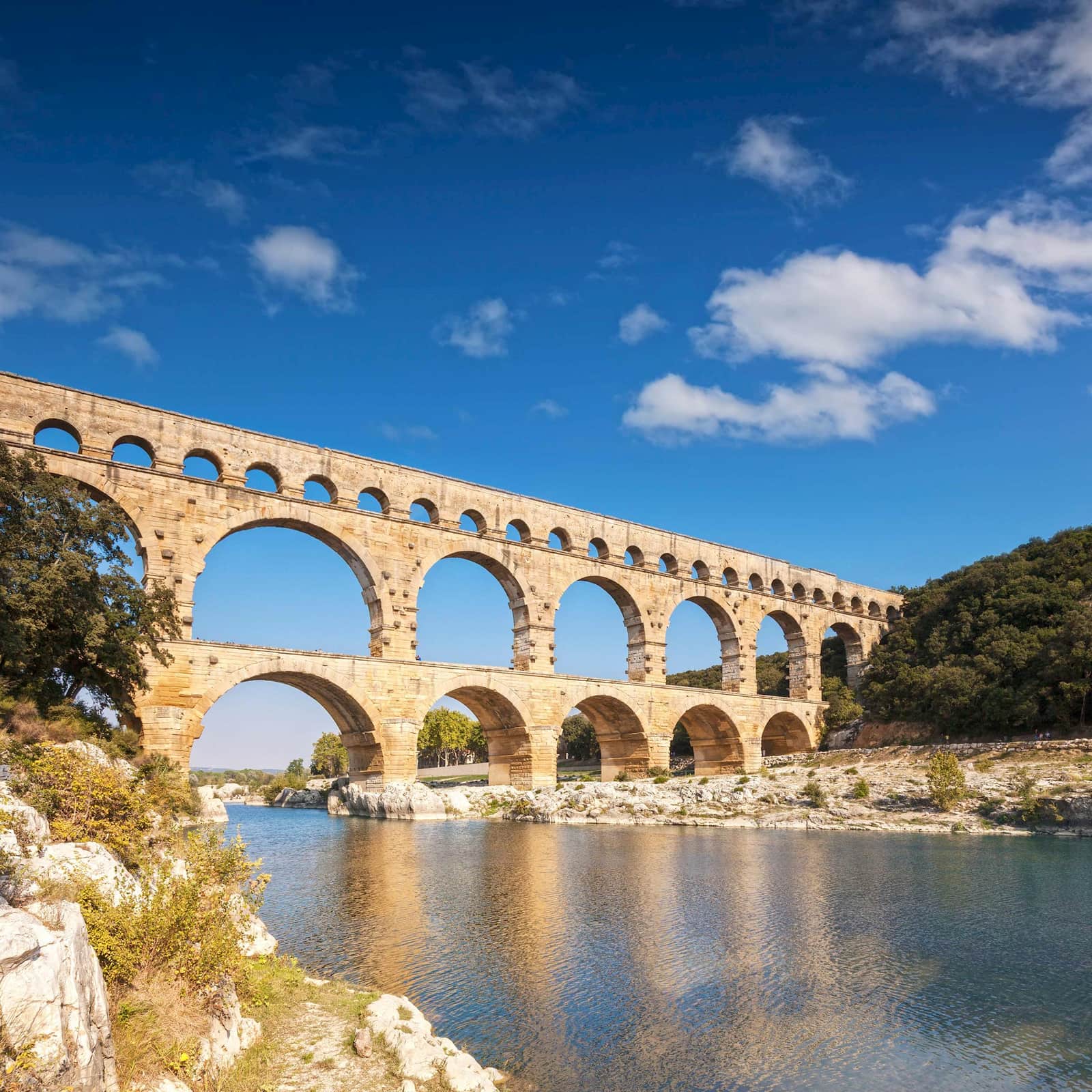 Roman Aquaduct Pont du Gard spanning Gardon River in Nîmes, France