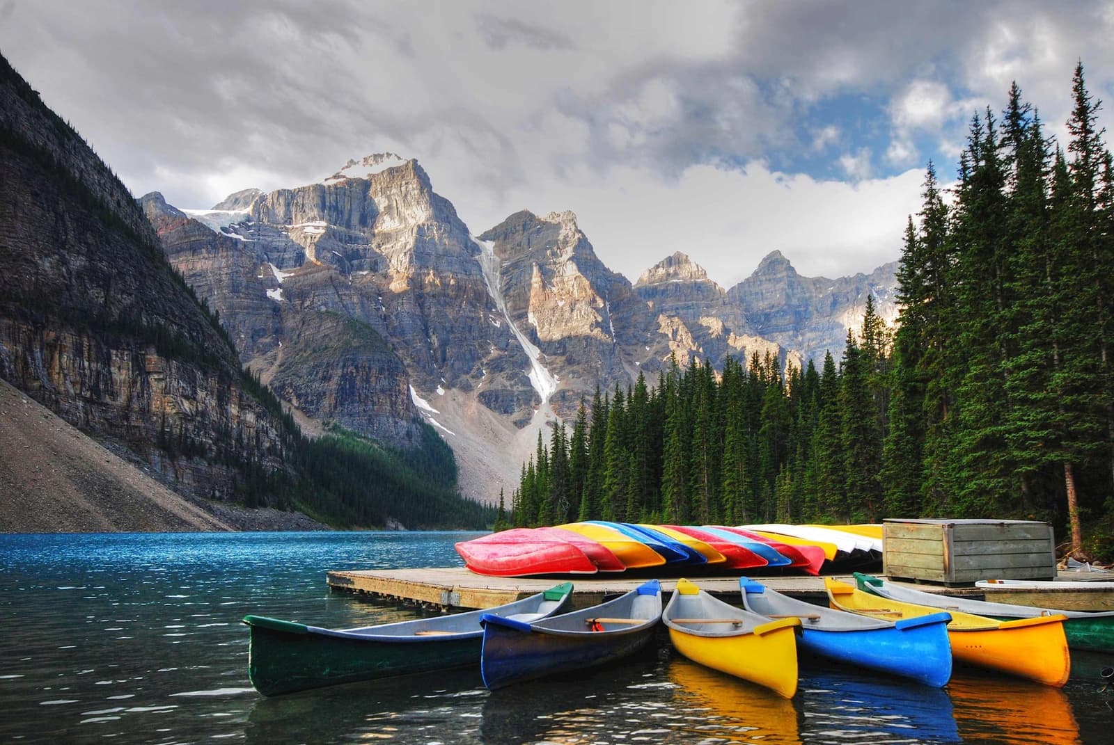 Canoes on Moraine Lake in Banff, Canada