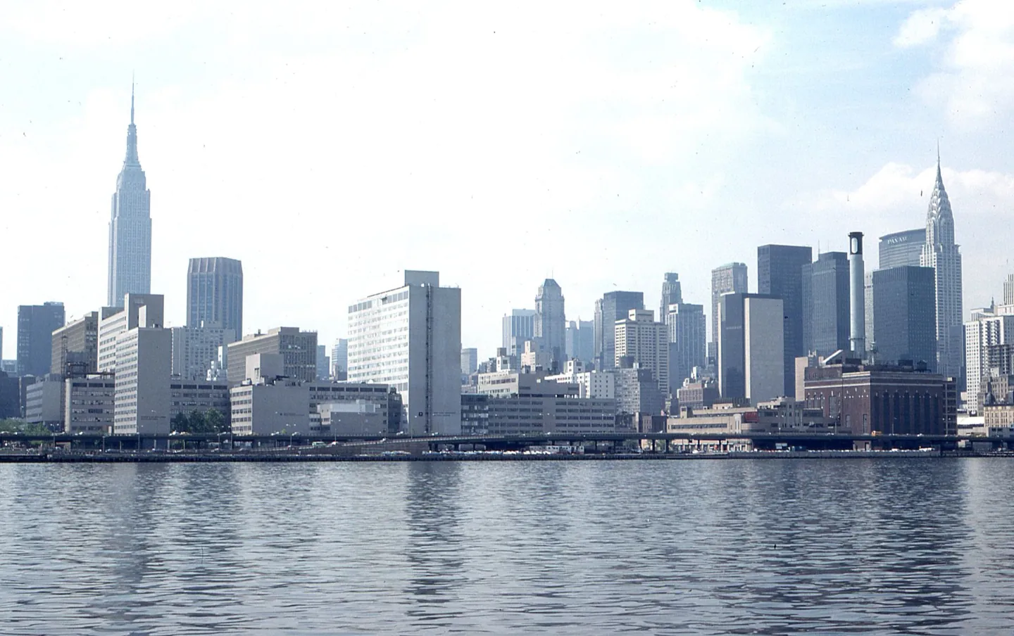 Classic view of the New York City skyline featuring iconic skyscrapers along the waterfront.